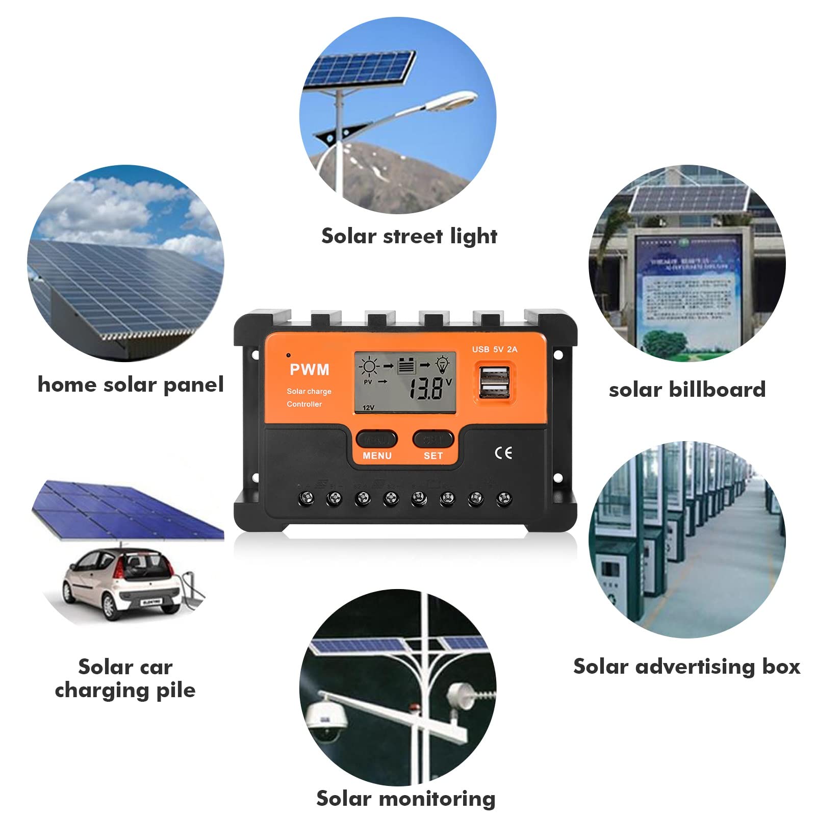 DEWIN Contrôleur de Charge Solaire 30A 12V/24V Régulateur de Charge Solaire PWM Régulateur de Panneau Solaire Double Sortie USB 5V Pour Gel Sealed Flooded et la batterie lithium