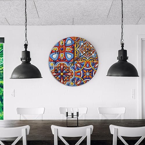 Miniatura 3 de Reloj de pared redondo de madera de Talavera mexicana de 12 pulgadas, funciona con pilas, silencioso, sin tictac, fácil de leer, decoración de pared