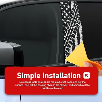 2 PCS Car B-pillar Stickers, American Flag & Tire Track Aged Decoration Decal, Waterproof Anti-scratch Protective Film with Squeegee, DIY Self-adhesive Wrap for Car Door Window Pillar (Black)