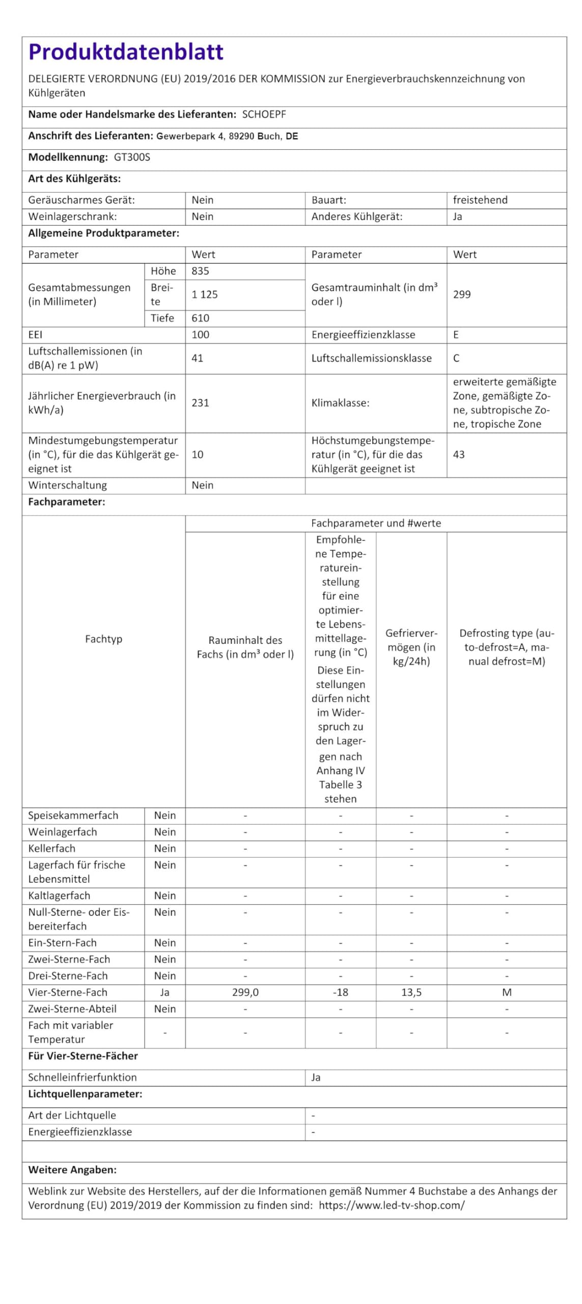SCHOEPF GT300S Gefriertruhe 299 L Weiß 83,5 x 112,5 x 61 cm Energieklasse E Schnellgefrieren 41 dB 231 kWh/Jahr 4-Sterne-Kennzeichnung Freistehend