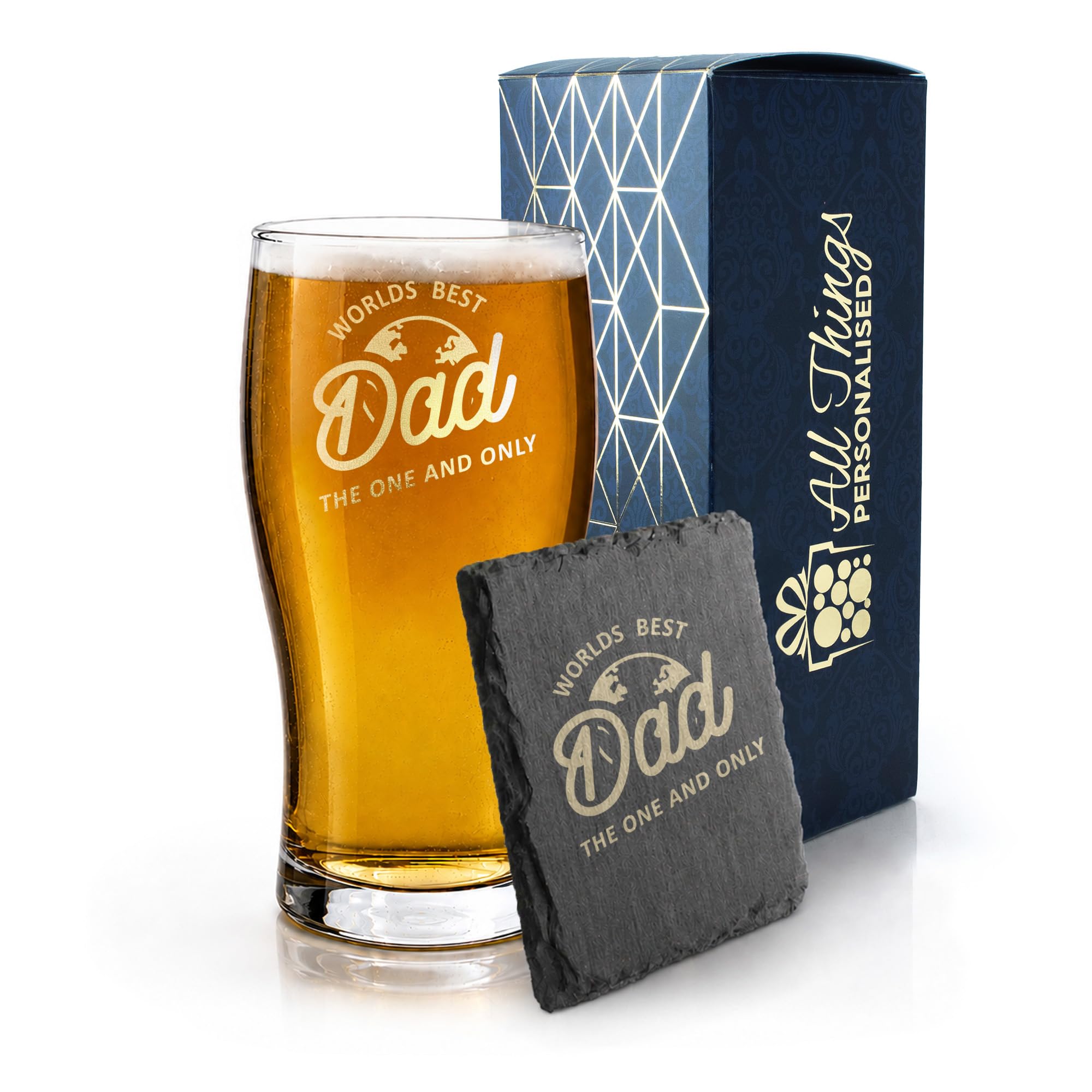 Engraved Pint Glass and Slate Coaster Gift Set with Worlds Best Dad, Fathers Day Gift, Birthday Present for Him, Gift Boxed, Drinks Coaster, Beer Gift — image 1