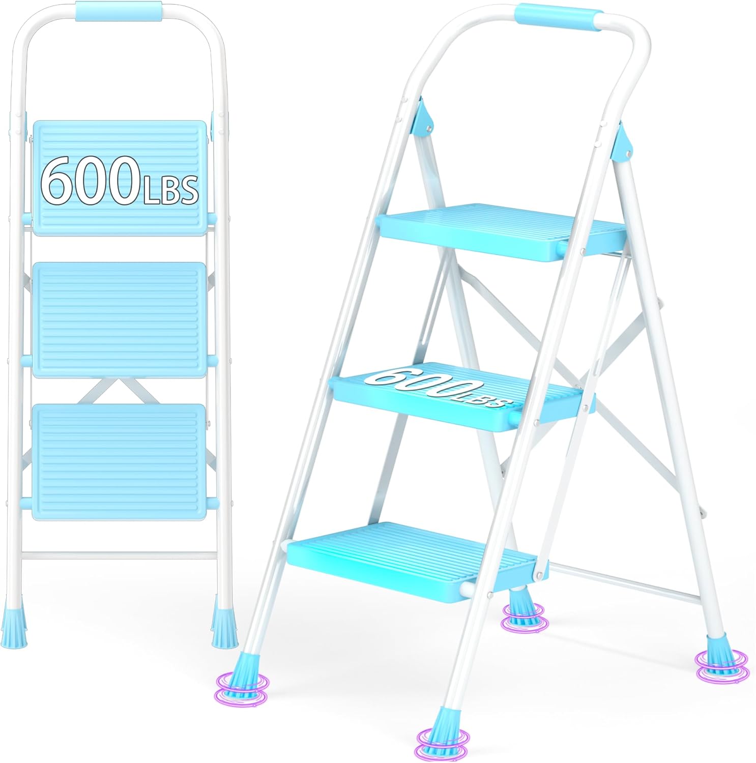 Step Ladder Foldable Folding Stool - for Home Adults Kitchen 2 Stepping Extension Tall Heavy Duty with Handrails - Closet Stepstool Stair Ladders Extendable Stepladder for Indoor House 600Lbs