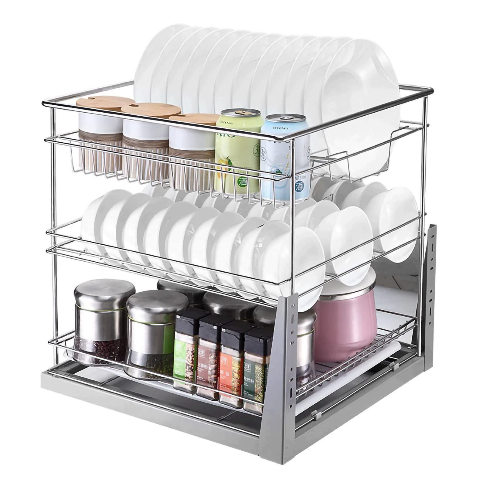 Portaspezie estraibile in acciaio inossidabile 304, con vassoio di scarico e guida di abbassamento automatico, versatile per mobili da cucina, dispensa, bagno, massimizza lo spazio (30 x 42 x 39 cm)
