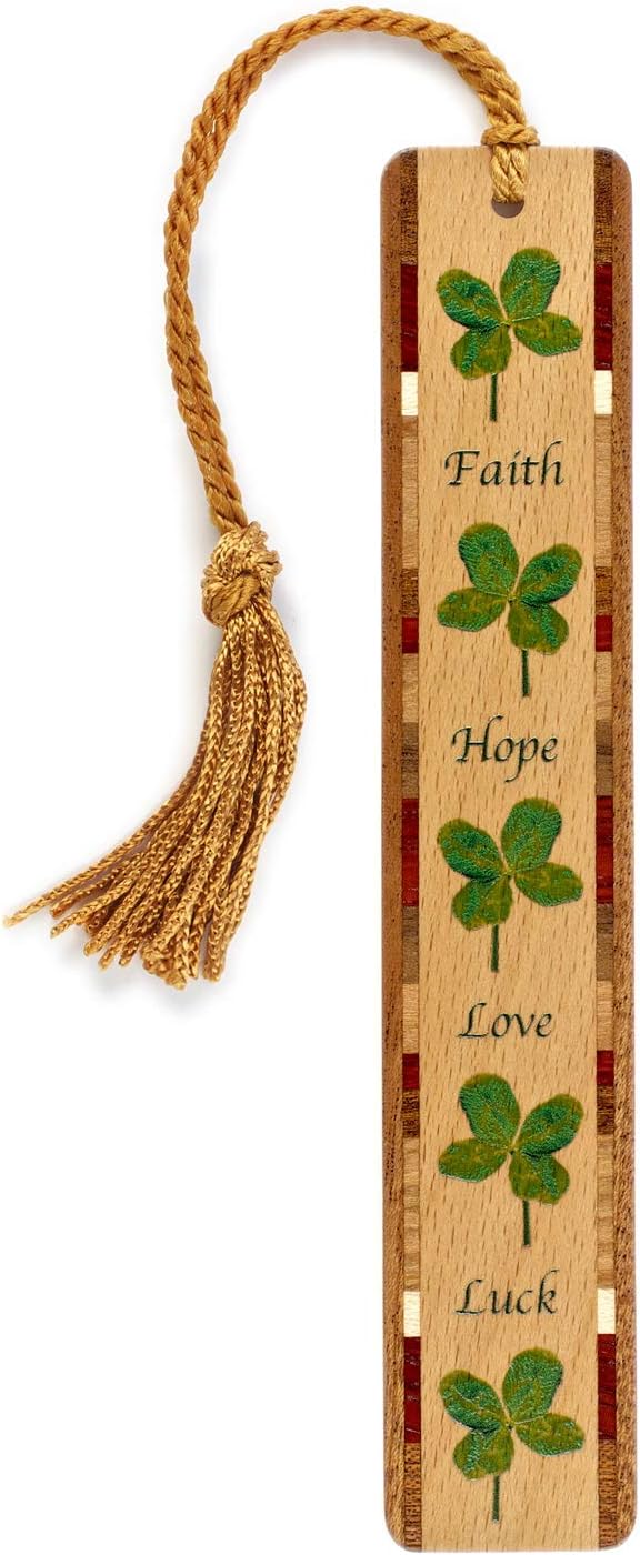 Personalized 4 Leaf Lucky Clover Faith Hope Love Luck Wooden Bookmark - Made in USA - Also Available Without Personalization