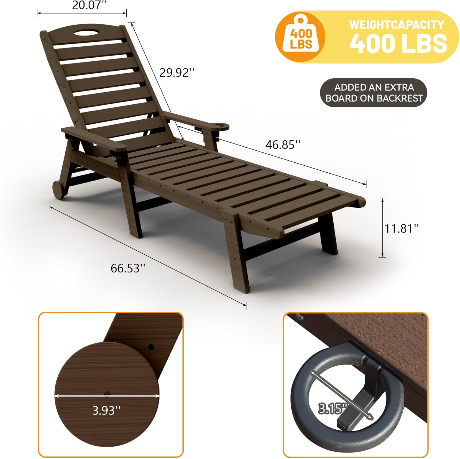 Outdoor Lounge Chairs Set of 2, 78'' Long Patio Lounge Chair HDPE 5-Position Adjustable with Cup Holder & Rolling Wheels, Pool Lounge Chair for Sunbathing Tanning, Deck, Poolside -Brown