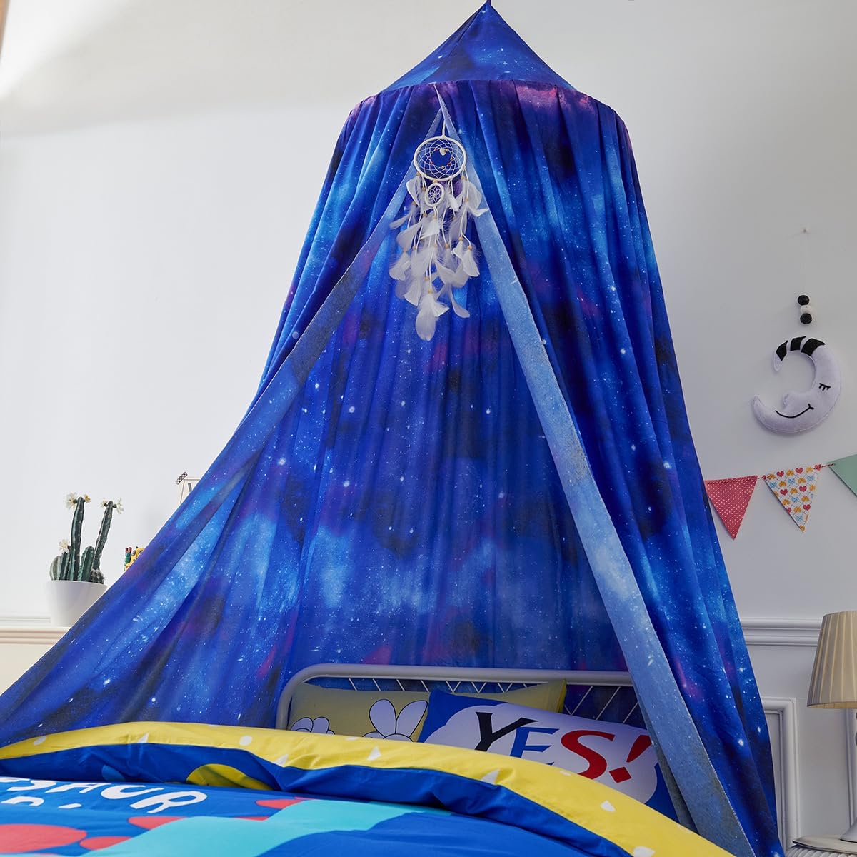Hanging Bed Canopy Round Dome Mosquito Net, Starry Sky Bedroom Nursery Decorations Hanging Curtain Indoor Play Tent (Blue)