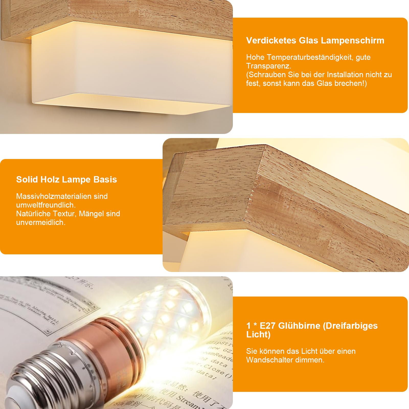 Toolight Wandleuchte Glas Breit Braun E27 Treppe Schlafzimmer 22cm