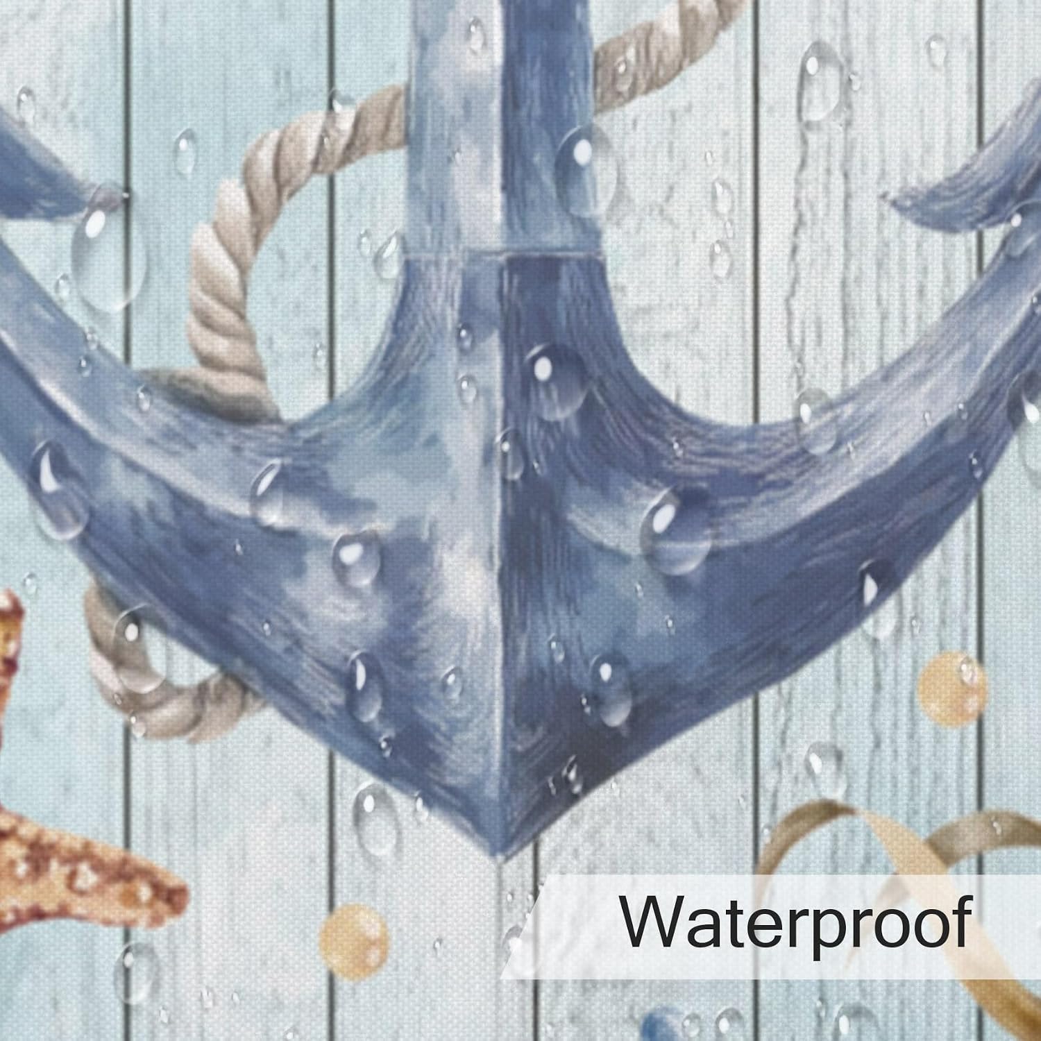 Coastal Nautical Anchor Shower Curtain, 72W X 72L inches | Coral Starfish Shell Design, Tropical Fish Blue Ocean, Farmhouse Wood Background, Summer Bathroom Decor