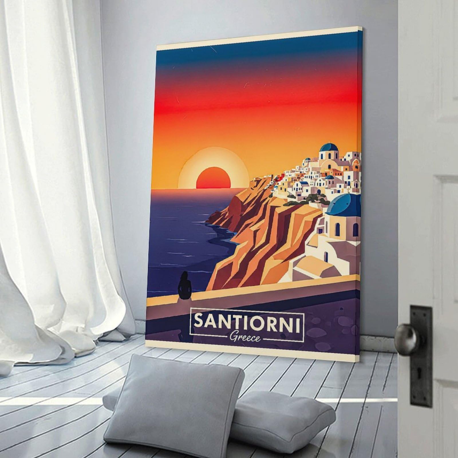 Junmoney Santorini Greece Sunset Travel Wall Art Print 24x36inch(60x90cm), for Lounge, Study, Hallway Or Flat Walls, Decorative Artwork with Broad Appeal