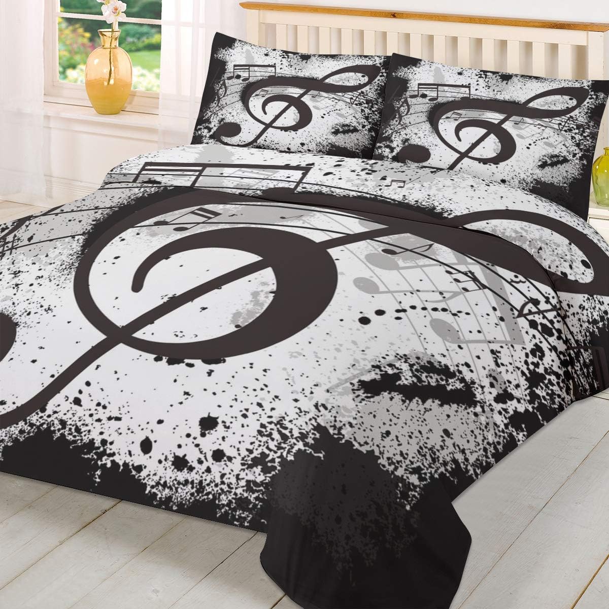 Crazy Clearance Image Duvet 3Pieces Bedding Sets Home Comforter Music Bedspread Bed Sheet for King Size Adult Kids,Flat Sheet,2 Pillow Shams Set- Musical Note Black White Old
