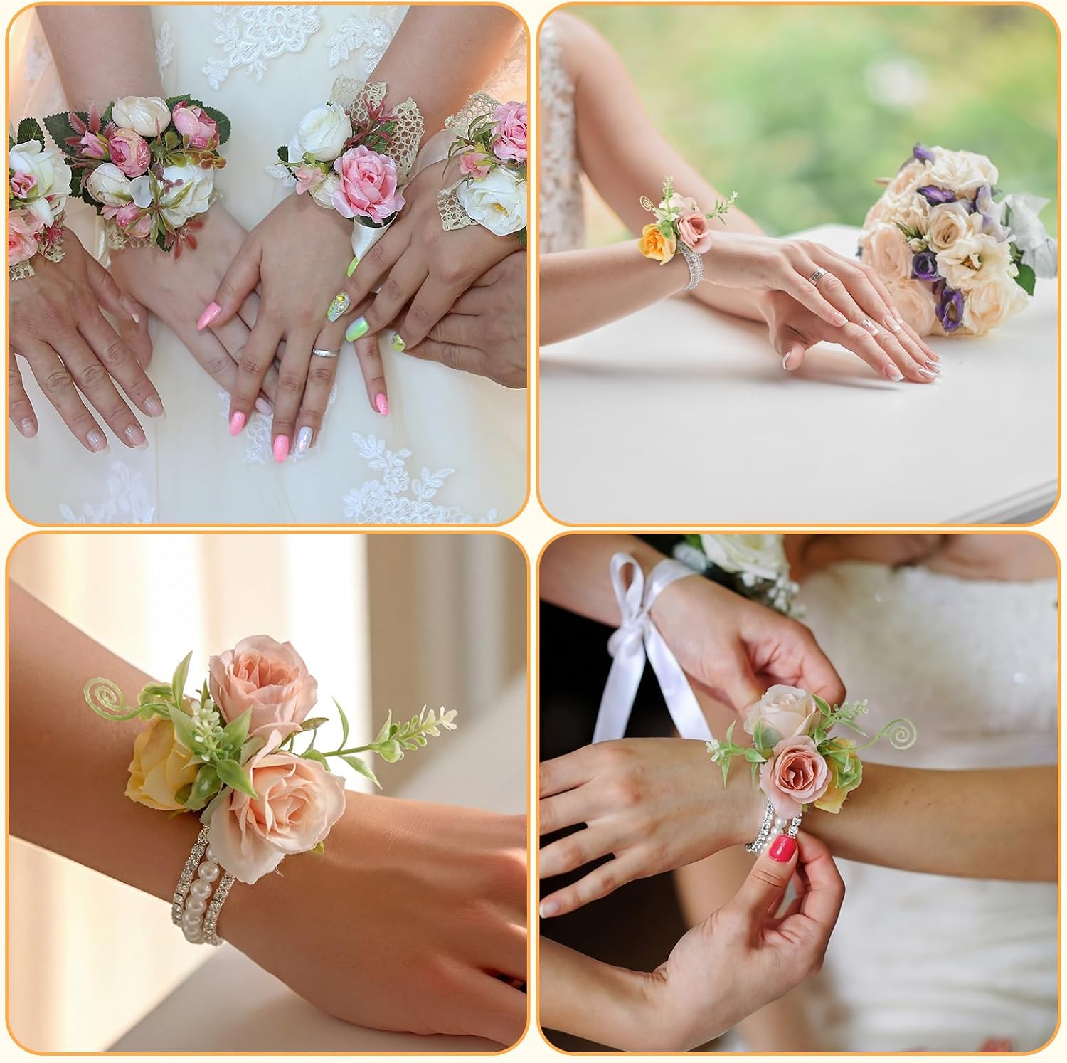 Hotop 4 Set Rhinestone Pearl Corsage Wrist Bracelet Bands Silver Bride Bracelet Adjustable Wrist Corsage DIY Wedding Wristband Accessory for Bridal Party Prom