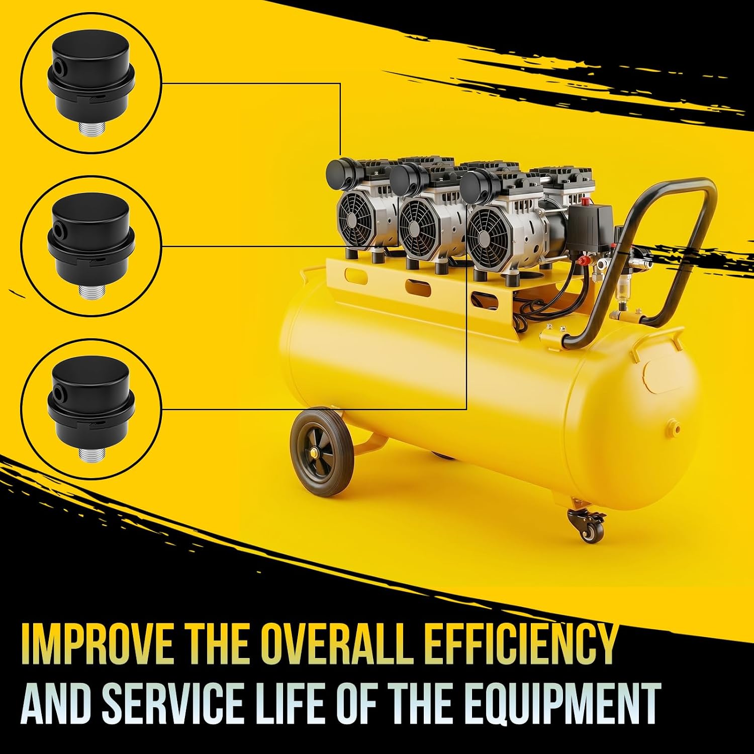 3Pcs 1/2" Thread Air Compressor Silencer with 6Pcs Filter Elements | 20mm thread, metal shell, intake muffler, dust/moisture block, noise reduction, for air compressorsc and blowers