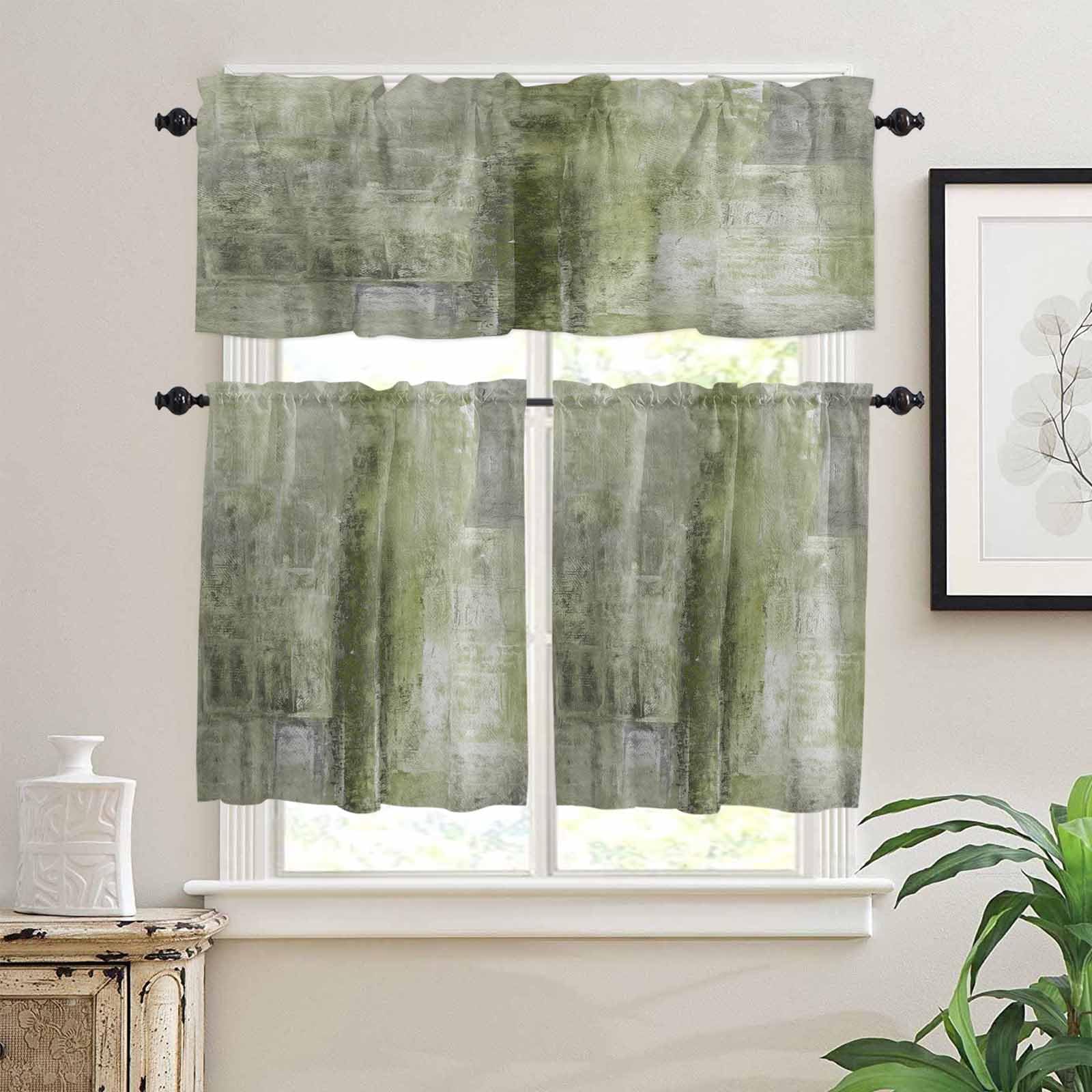 Sage Green Oil Painting Kitchen Curtains 36 Inch Length,3 Piece Rod Pocket Small Half Tiers and Valance Set,Modern Abstract Graffiti Street Art Small Large Window Treatment Decor for Bedroom/Bathroom