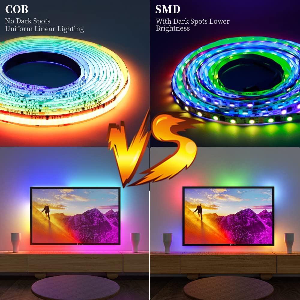 Smart WS2811 IC RGB COB LED Strip 16.4FT/5M, 720LED/m 20IC/M 12mm Width High Density Uniform Chasing Color Light DC12V White PCB Flexible Tape Light(No Adapter or Controller)