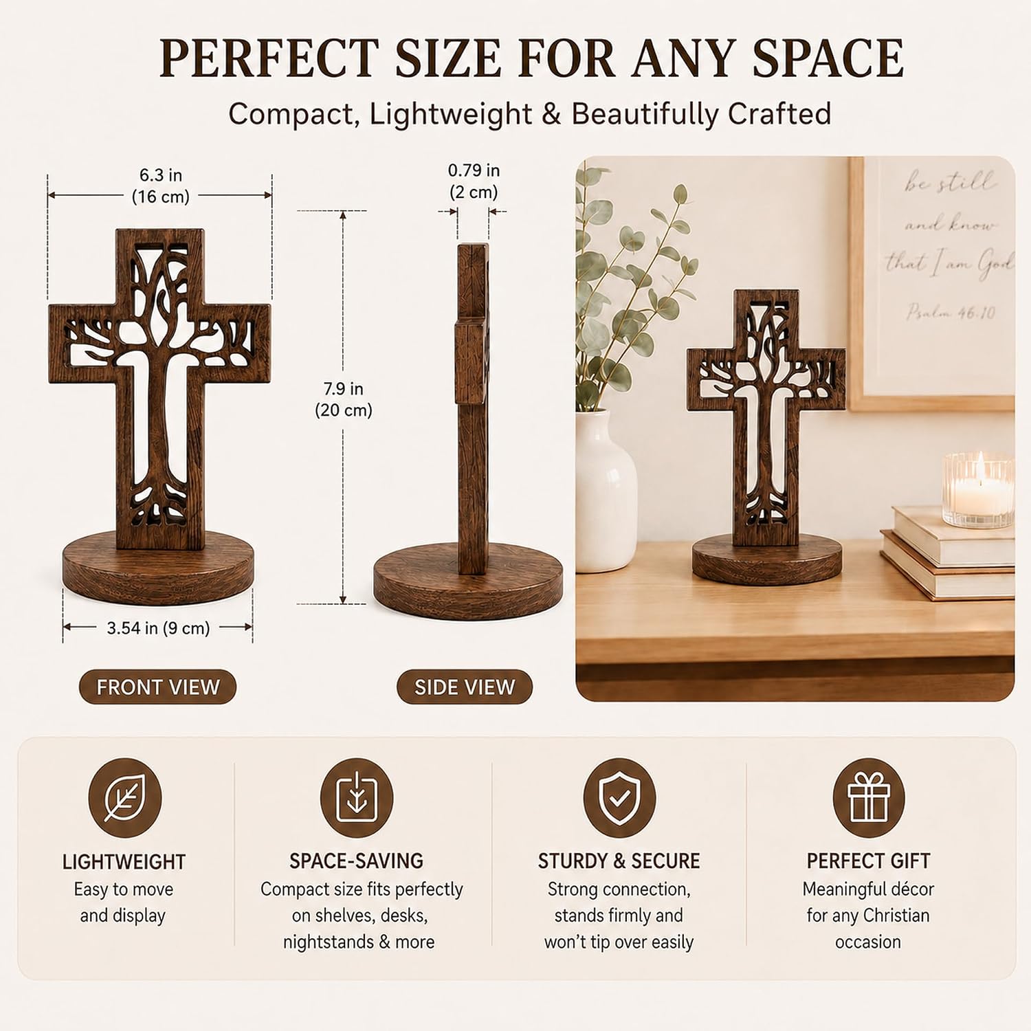 Tree of Life Wooden Cross Decor 8inch Carved Christian Cross Freestanding or Wall Hanging with Attached Stand for Tabletop Display, Rustic Solid Pine Religious Gift for Vintage Retro Home Living Room