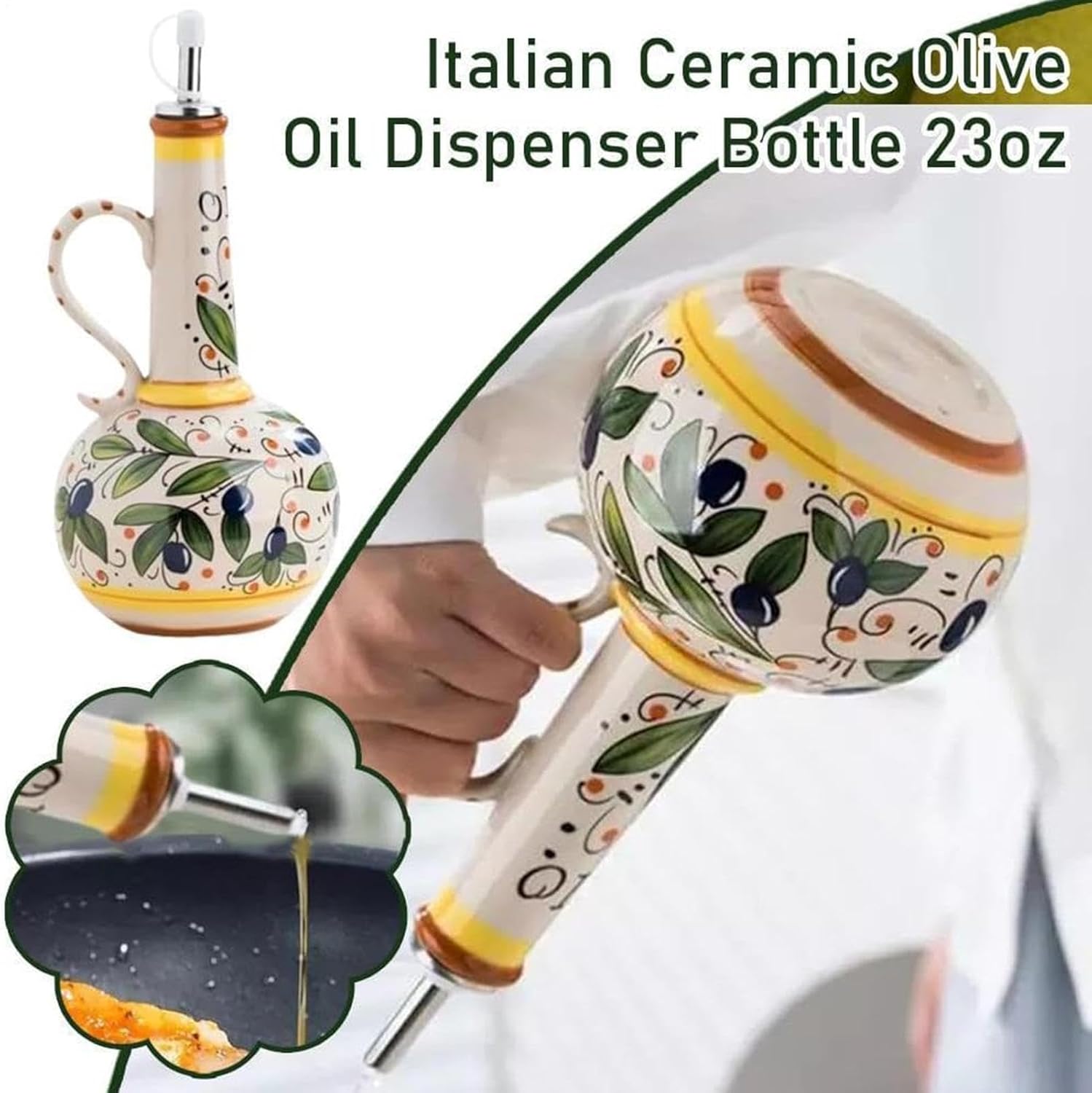 Ceramic Olive Oil Bottle,23 Oz Portable Container with Stainless Steel Spout | Ceramic Olive Oil Container - for Kitchen House Table Indoor Meal Storage Cooking Salad Vinegar Women Men