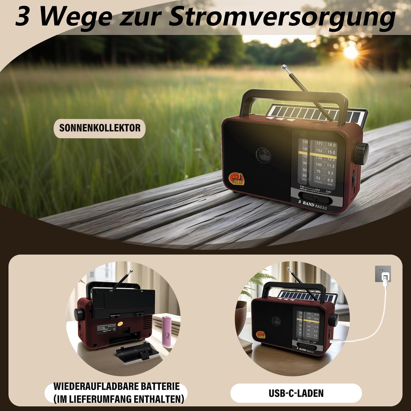 Bluetooth Radio mit Solarzelle, AM/FM/SW Kofferradio mit 1200-mAh-Akku, 8-W-Lautsprecher, USB/TF/TWS, tragbar für Küche, Garten und Camping (Red)