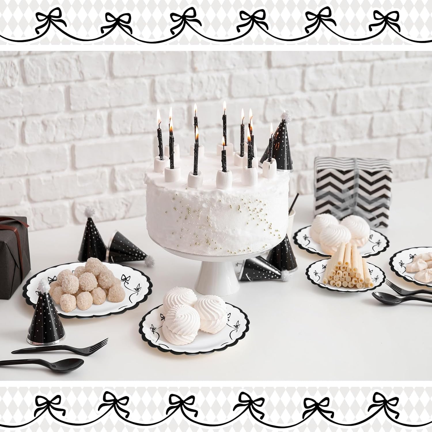 Yungyan 50 Pcs Black Bow Plates Scalloped Bowknot 7 and 9 Inch Black and White Paper Plates Disposable Tableware Coquette Party Decoration for Birthday Valentine's Day Wedding Bride Shower - Image 4