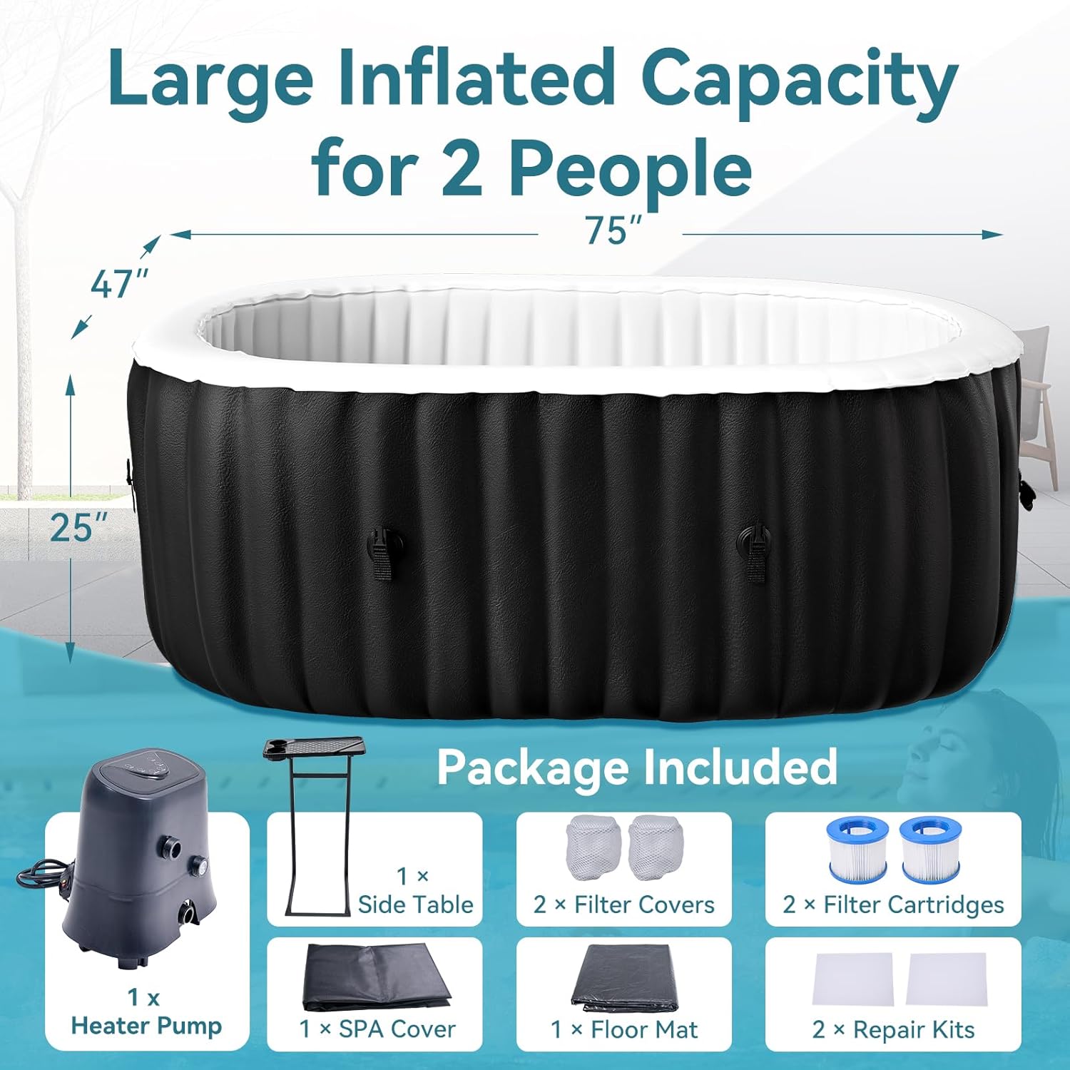 Inflatable Blow Up Hot Tub with Side Table, 2 Person Oval Portable Hot Tub Spa, Leak-Proof PVC Outdoor Spa with 100 Air Jets, Heater Pump and Insulated Cover, 75” L X 47”W X 25”H