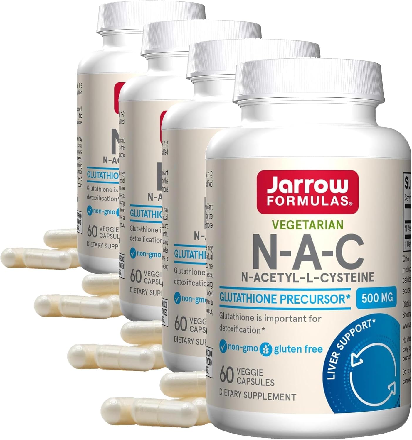 Jarrow Formulas® N-A-C 500 mg, Dietary Supplement, Antioxidant Support for Liver Health, 60 Veggie Capsules, 60 Day Supply (Pack of 4)