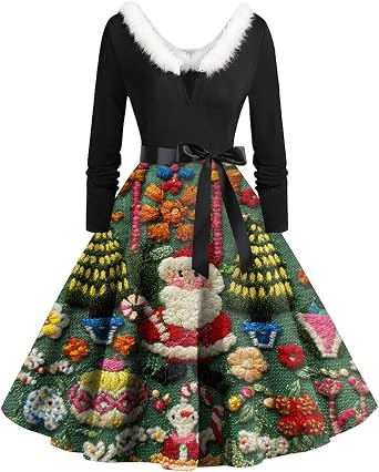 BAXLIMEK Christmas Dresses for Women Warm Fuzzy Fleece V Neck Long Sleeve Fall Dress,Xmas Tree Flowy A Line Cocktail Dress