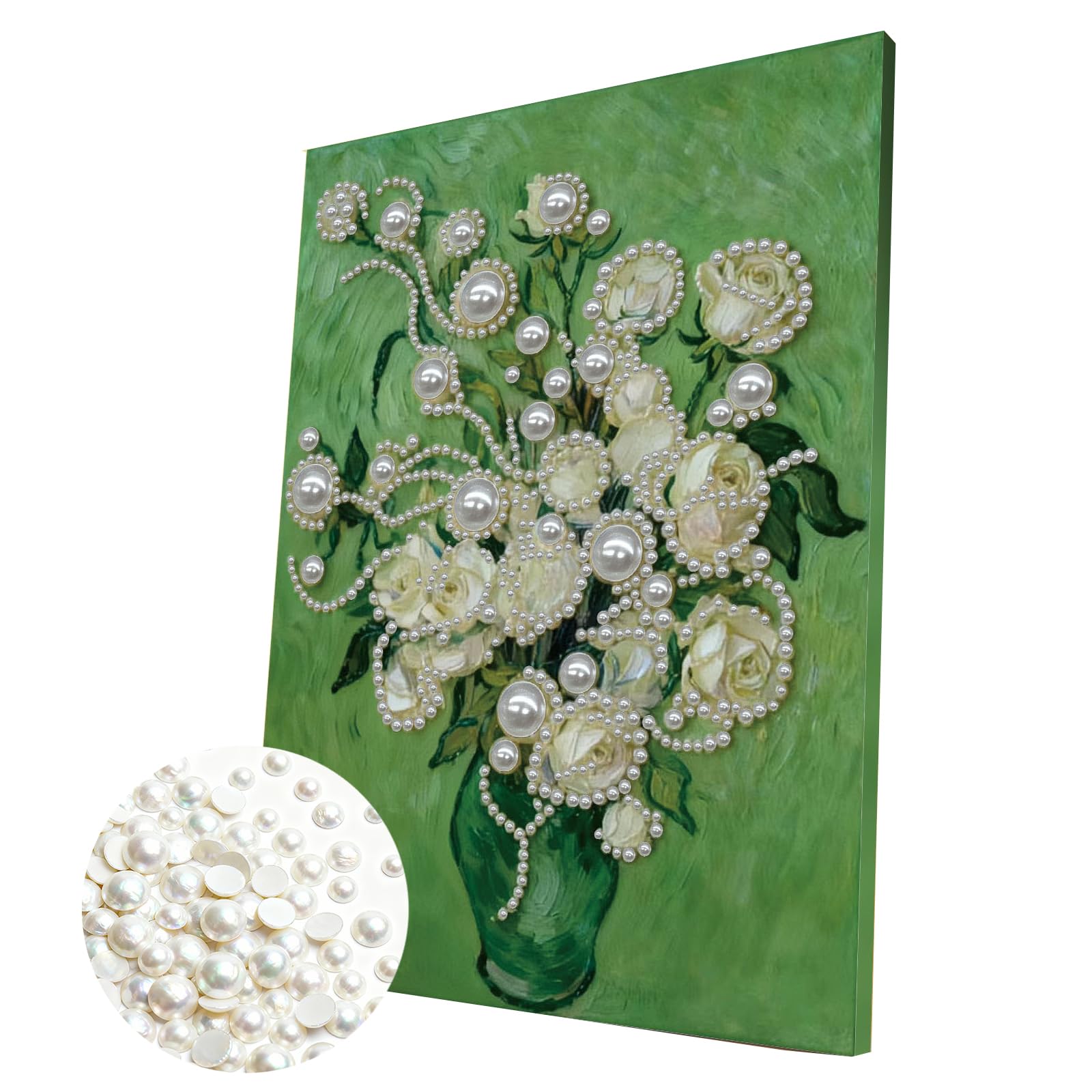 DIY Pearl Painting Kit with Wooden Frame, 3D Plastic Pearl Gemstone Ocean Art Craft for Adults Beginners, Diamond Art Kits for Adults, Home Wall Decor Ready Gift for Women(Green Vase Flower)(30*40cm)