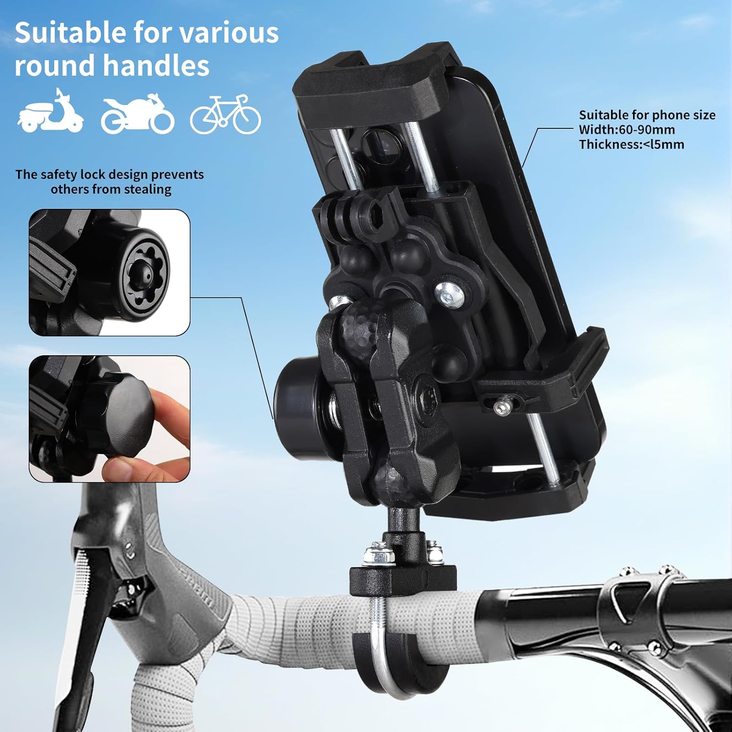 Motorcycle Phone Mount Holder – Xuanwu Design, Vibration-Resistant, Anti-Theft Durable Handlebar Motorcycle Cell Phone Mount for iPhone 16/15/14/13 Pro Max, Fits 4.7’’-7.2’’ Smartphones