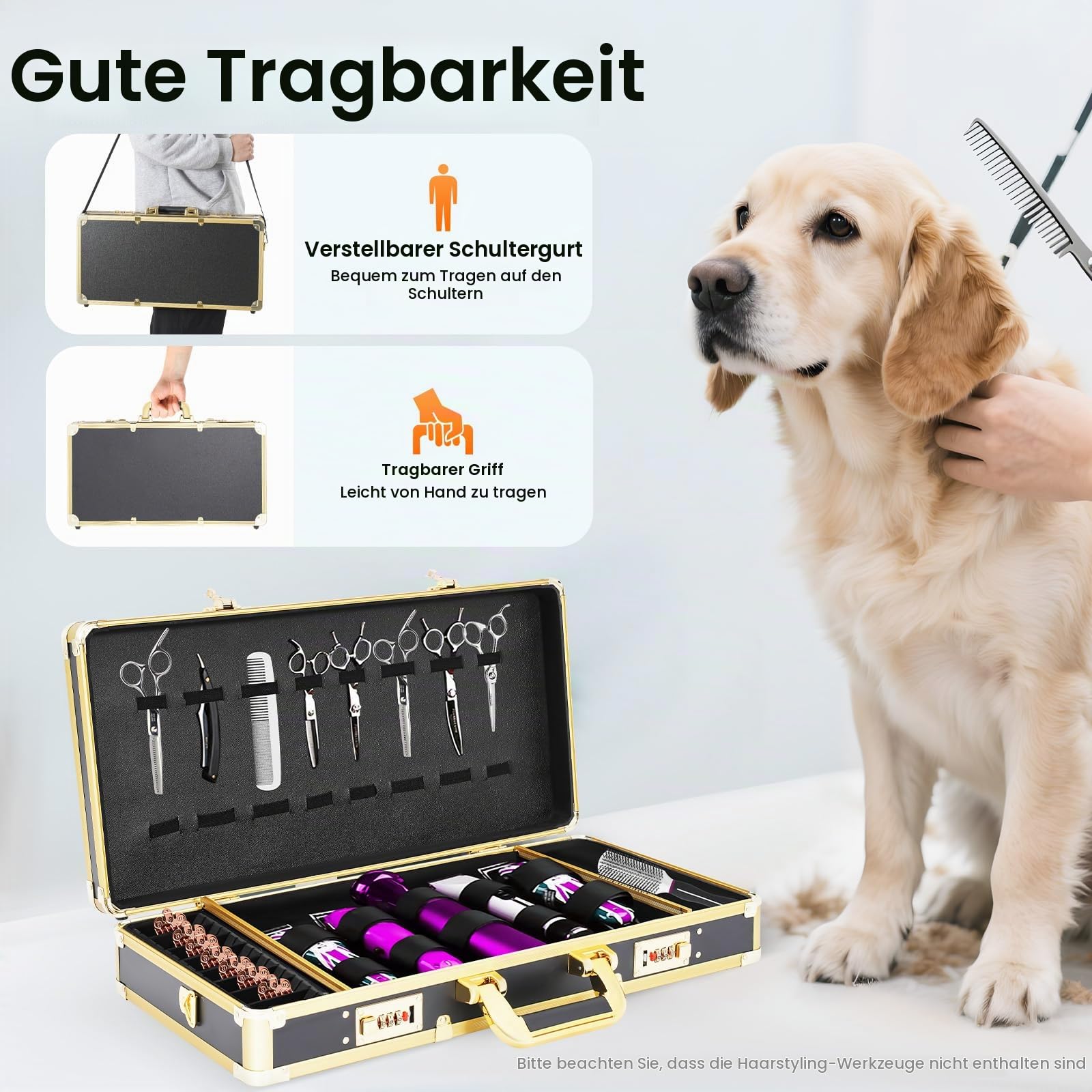 MINRS Tragbarer Barber Case mit Sicheres Passwortschloss, Barber Tragekoffer Barber Salon Stylist Carrying Suitcase Friseur Tool Organizer for Scheren, Trimmer, Kämme, Bürsten 55 x 27 x 10 cm Schwarz