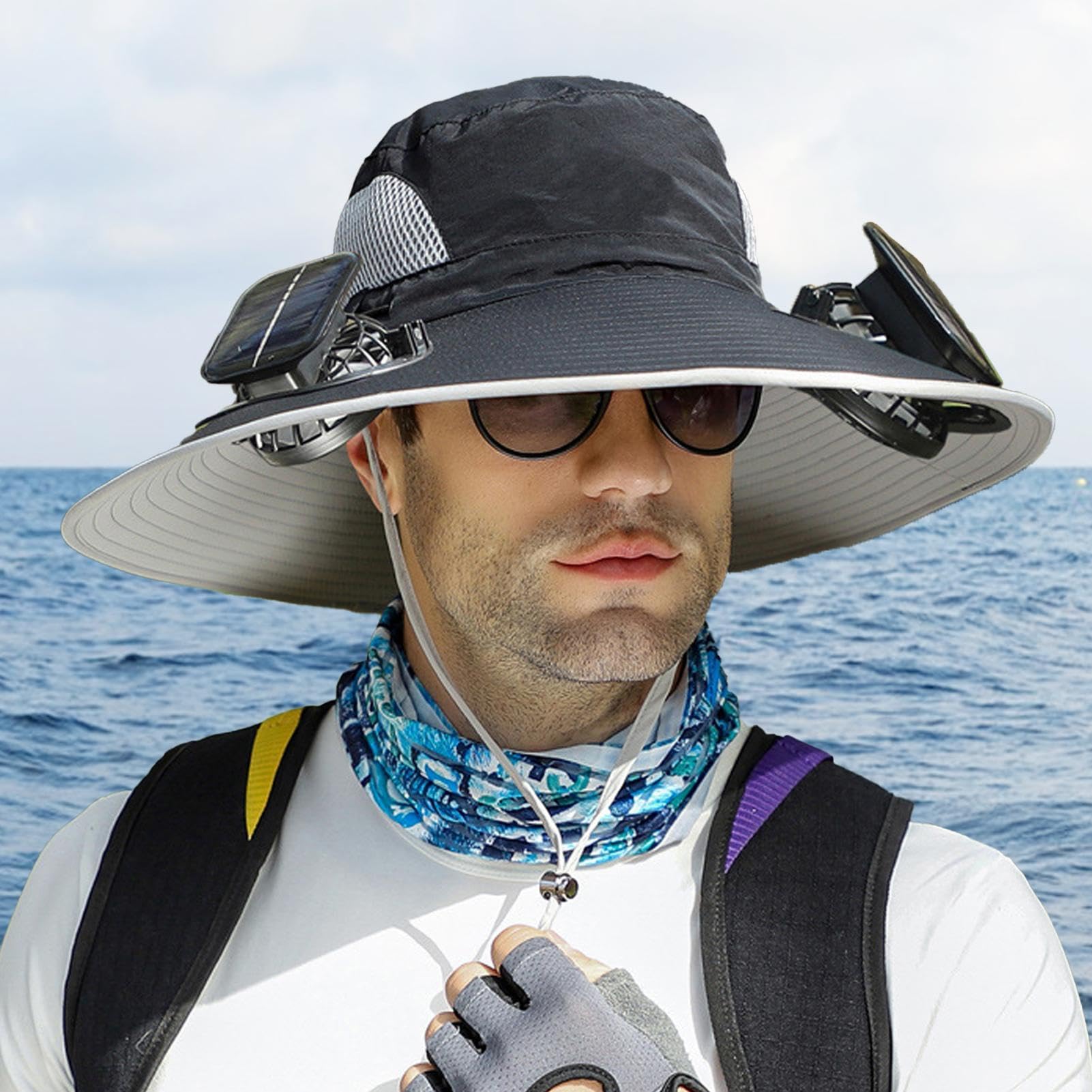 Cappello da Sole con Ventilatore | Cappello da Ventilatore Solare | Cappello A Ventaglio Solare A Tesa Larga | Ricarica Solare E USB | Protezione UV Estiva | per attività All'aperto