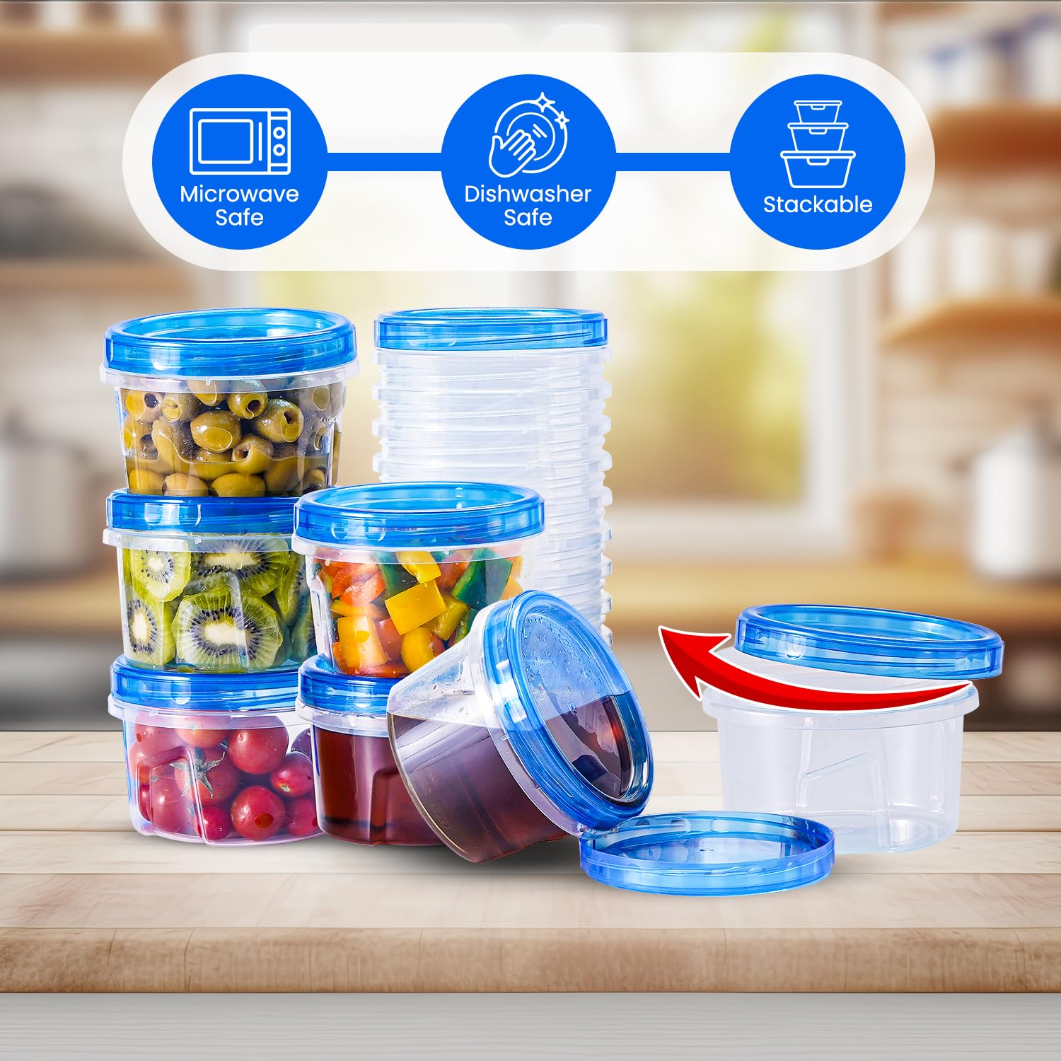 24 recipientes de almacenamiento para congelador con tapas (16 onzas), 12 recipientes de almacenamiento de alimentos con 12 recipientes giratorios superiores para sopa, caja de plástico 3