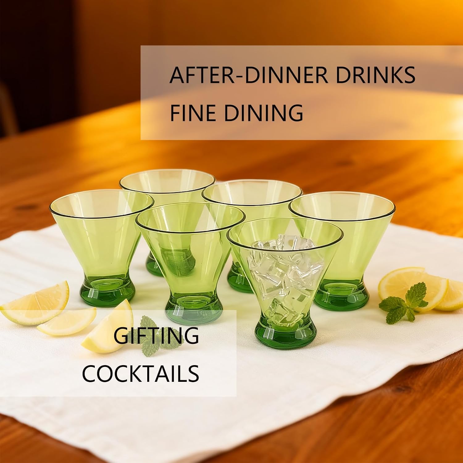 Set of 6 Martini glass 9 oz Stemless Glasses,Heavy Base Stable Cocktail/Drink/Juice/Red Wine Glasses,Fits Ice Cream/Milkshakes,Dishwasher Safe,Ideal Gift for Home Party (Green)