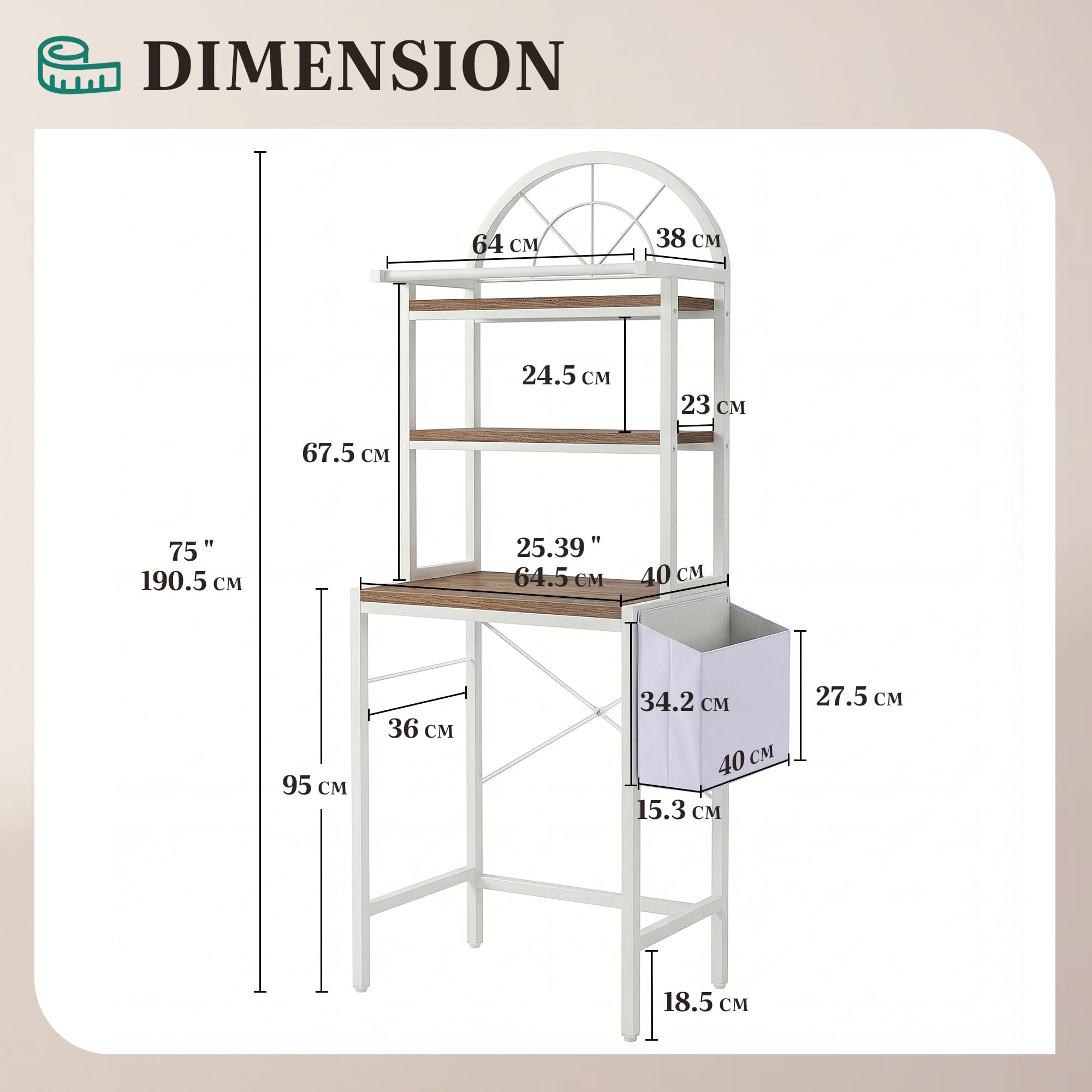 YITAHOME Étagère à Placer au-Dessus d'une Machine à Laver ou de Toilettes, avec 3 étagères, Design arqué, Structure en métal et Bois avec Sac de Rangement en Tissu, 64,5 x 190 x 40 cm, Blanche