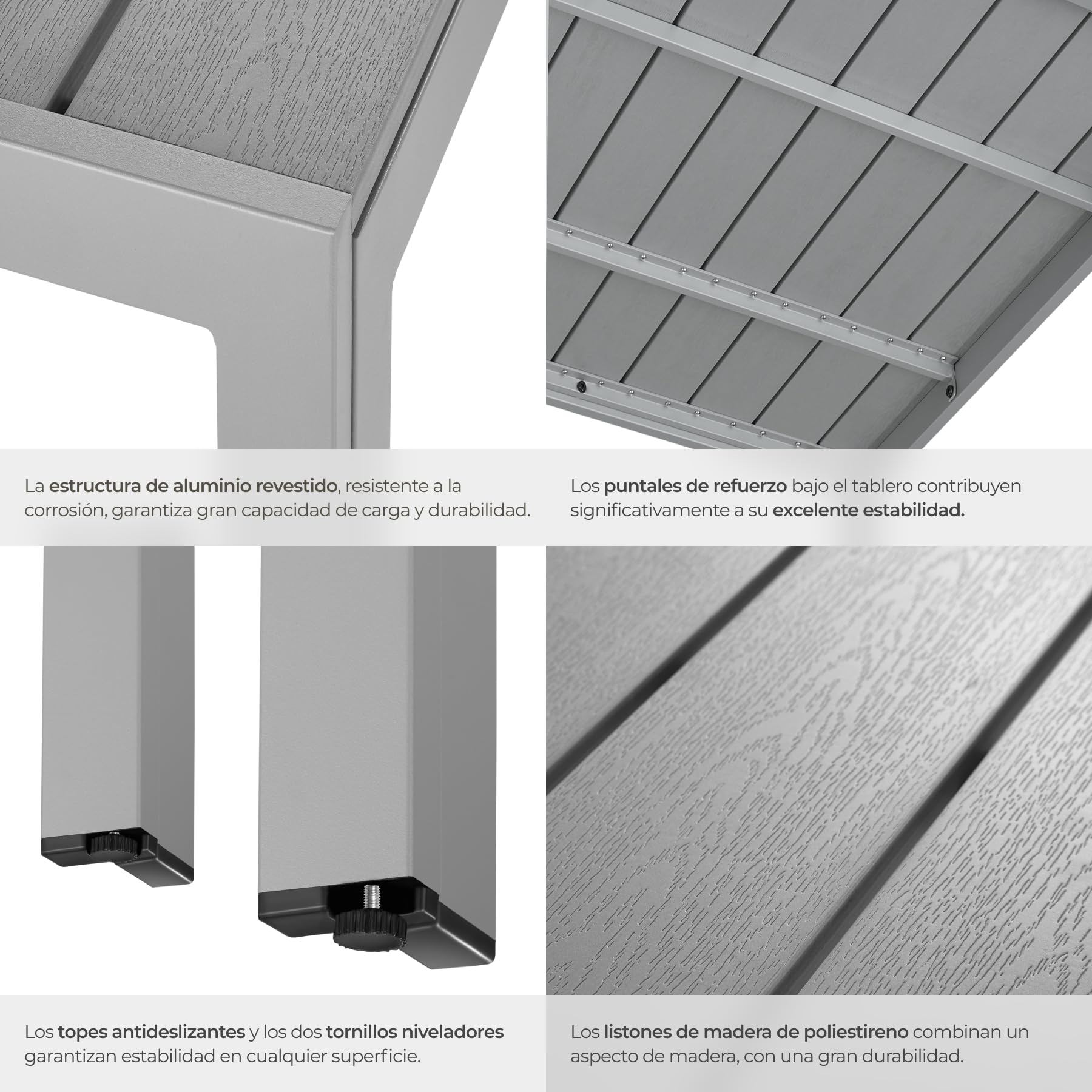 tectake® Mesa Jardín Exterior de Aluminio 90x90x74,5cm, Mesa Terraza, Patas Ajustables y con Topes, Mueble Jardín Resistente a Intemperie, Fácil Montaje - Plata