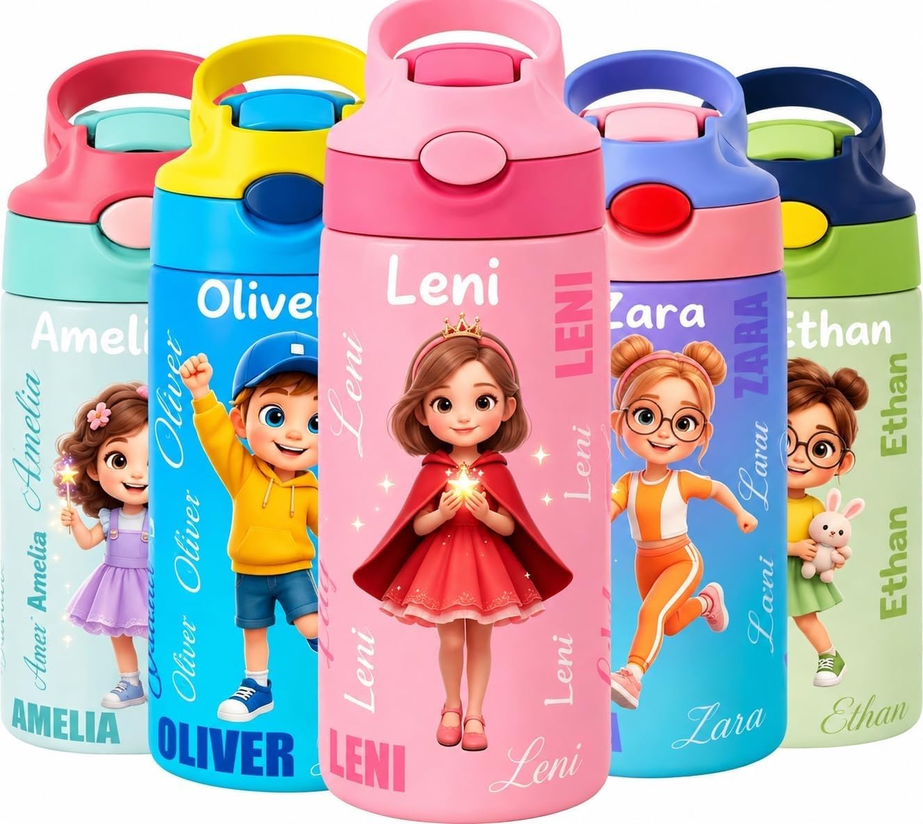 VEELU Personalised Water Bottle for Kids 350ml, Custom Kids Insulated Water Bottles with Name, Stainless Steel Straw, Reusable, Non-Spill, BPA-Free, Back to School Gifts for Girls and Boys (Style 03)