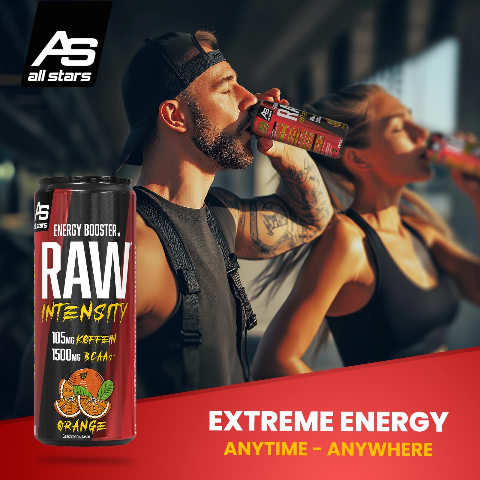 ALL STARS Raw Intensity Energy Drink zuckerfrei Orange, 24 x 330ml | Erfrischungsgetränk mit 1500mg Aminosäuren, 105mg Koffein und B Vitaminen, Pre-Workout Booster zur Trainingsunterstützung