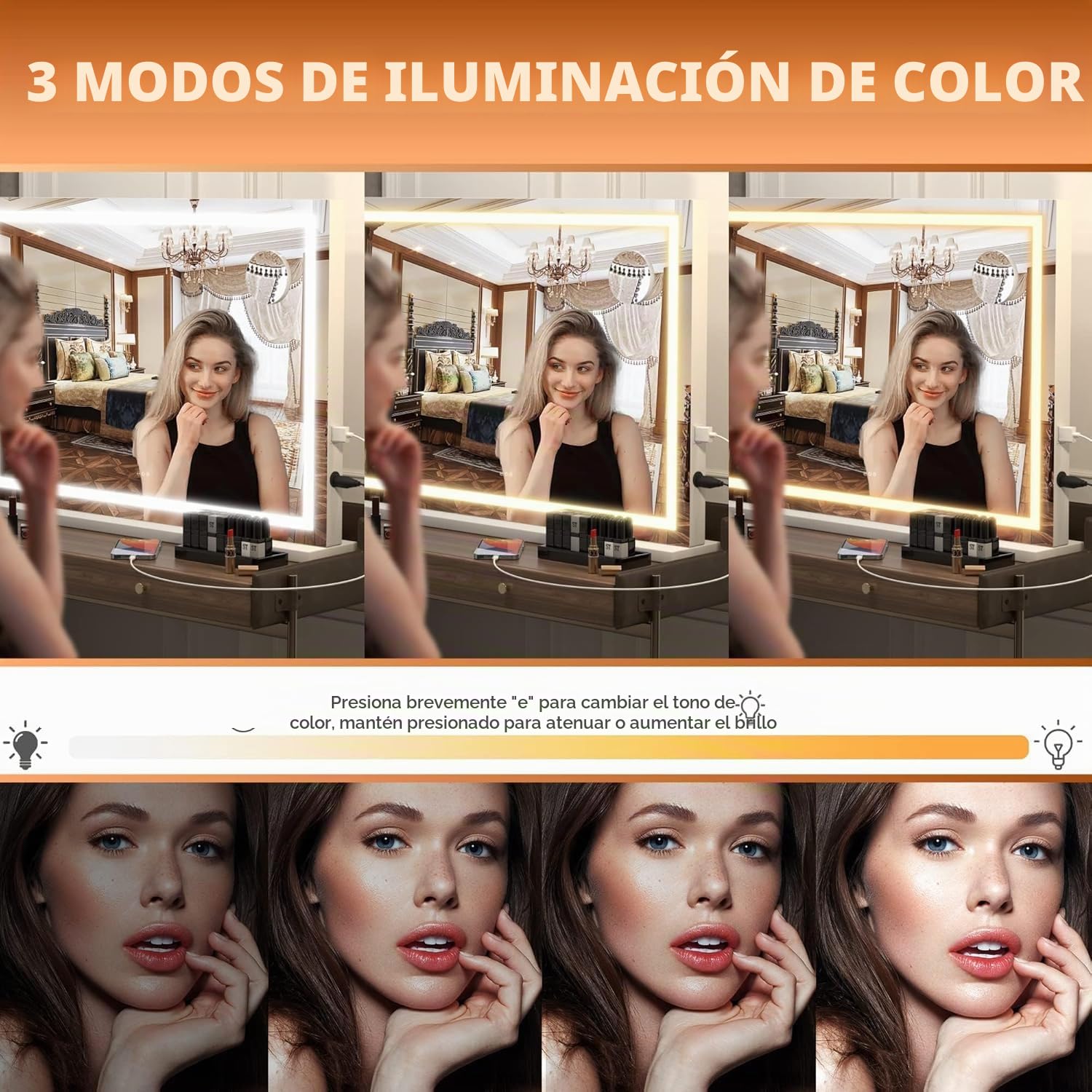 Hasipu Espejo de Maquillaje de Sobremesa 58x46cm con Luz LED, 3 Modos de Luz Regulables, Lupa Desmontable 10X Aumento, Puerto de Carga USB, Control Táctil, Espejo Cosmético para Dormitorio