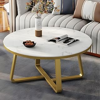 HILOX Modern Round Coffee Table with Faux Marble Top and Gold Metal Frame – Contemporary Center Table for Living Room, Sma...