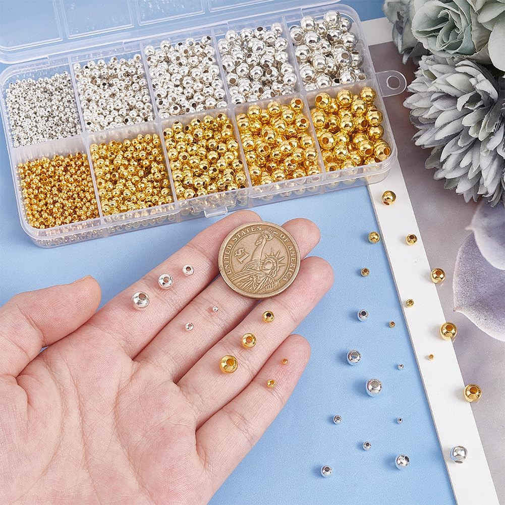 PH PandaHall 2340pcs Metal Spacer Beads Set - Round Ball Smooth Beads, 5 Sizes, Golden & Silver for Stackable Bracelets, Earrings, Necklaces, Rings & DIY Crafts - Image 3