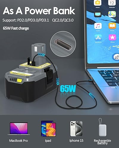 Miniatura 5 de Carga USB-C repuesto para batería Ryobi de 18 V con puerto de entradasalida USB-C de 65 W, compatible con batería Ryobi ONE+ Plus de 18 V P108 P102