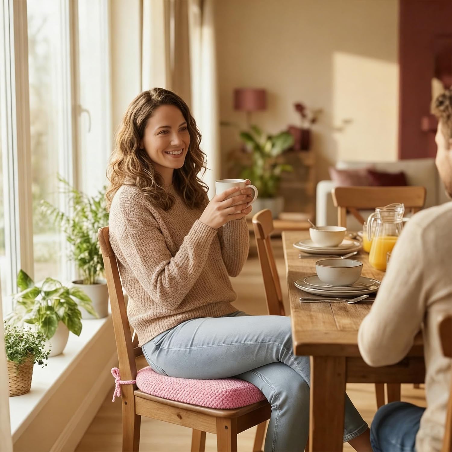 Pink Chair Cushions with Tie Removable Cover, D-Shape Foam Kitchen Chair Seat Pads Non Slip 17"x16" Pack - Image 7