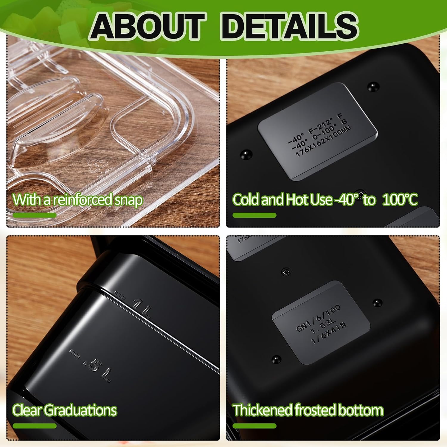 Geetery 12 Packs 4'' Deep Polycarbonate Food Pan with Lid 1/6 Size Stackable Plastic Pan Restaurant Food Storage Containers with Hinged Lids for Hotel Supplies (Black)