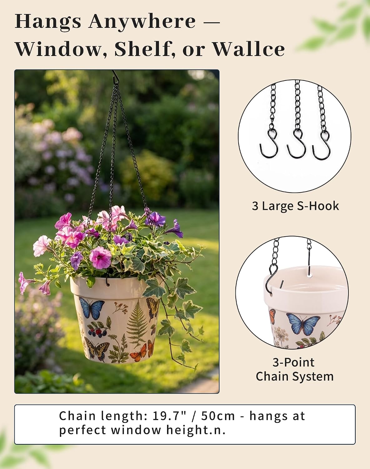 D'ORAMIE Stoneware Hanging Planter - 5.1" Indoor Outdoor Ceramic Flower Pot with Iron Chain & S-Hook, Butterfly Garden, Boho Succulent Herb Pot with Drainage Plug