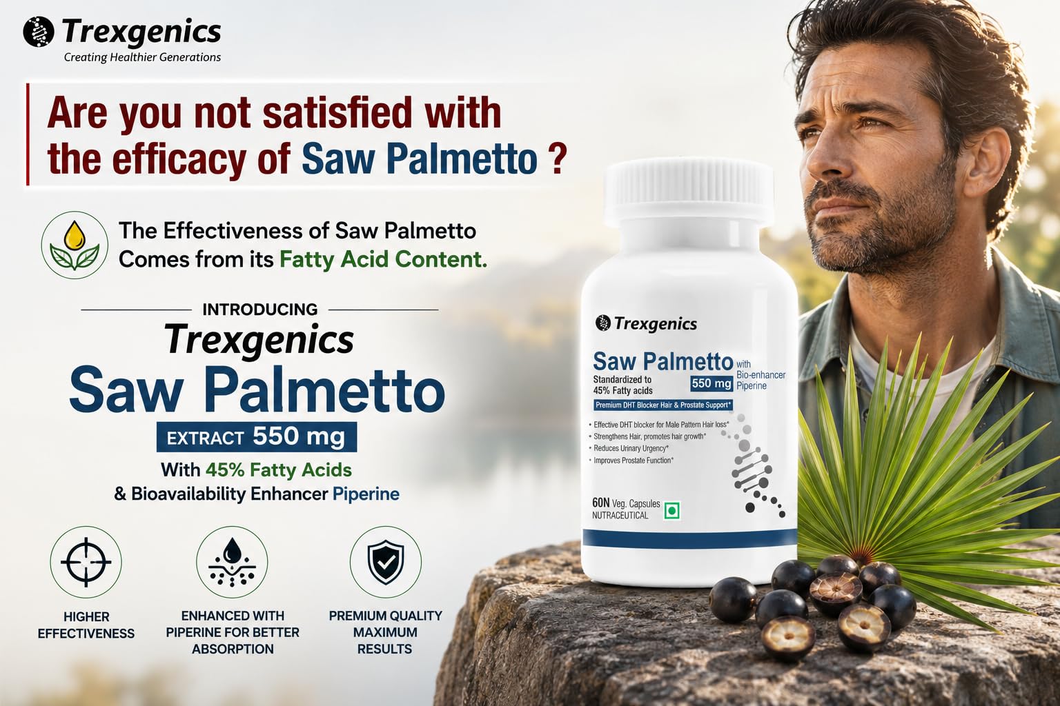 Trexgenics SAW PALMETTO Advanced - High Strength 45% Complex 550 mg with Bio-enhancer Piperine - Hair DHT Blocker & Prostate Support (60 Veg. Capsules) (1) 1