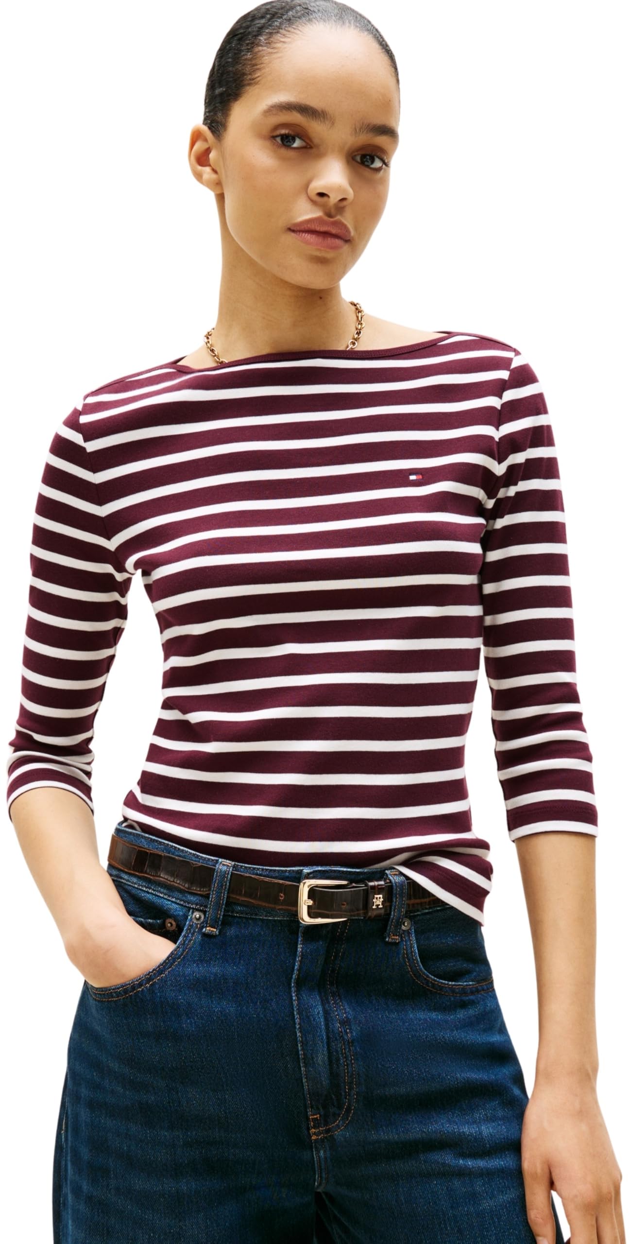 Tommy Hilfiger Damen Langarmshirt New Cody Slim U-Boot-Ausschnitt, Mehrfarbig (Deep Burgundy/Ecru STP), XXS