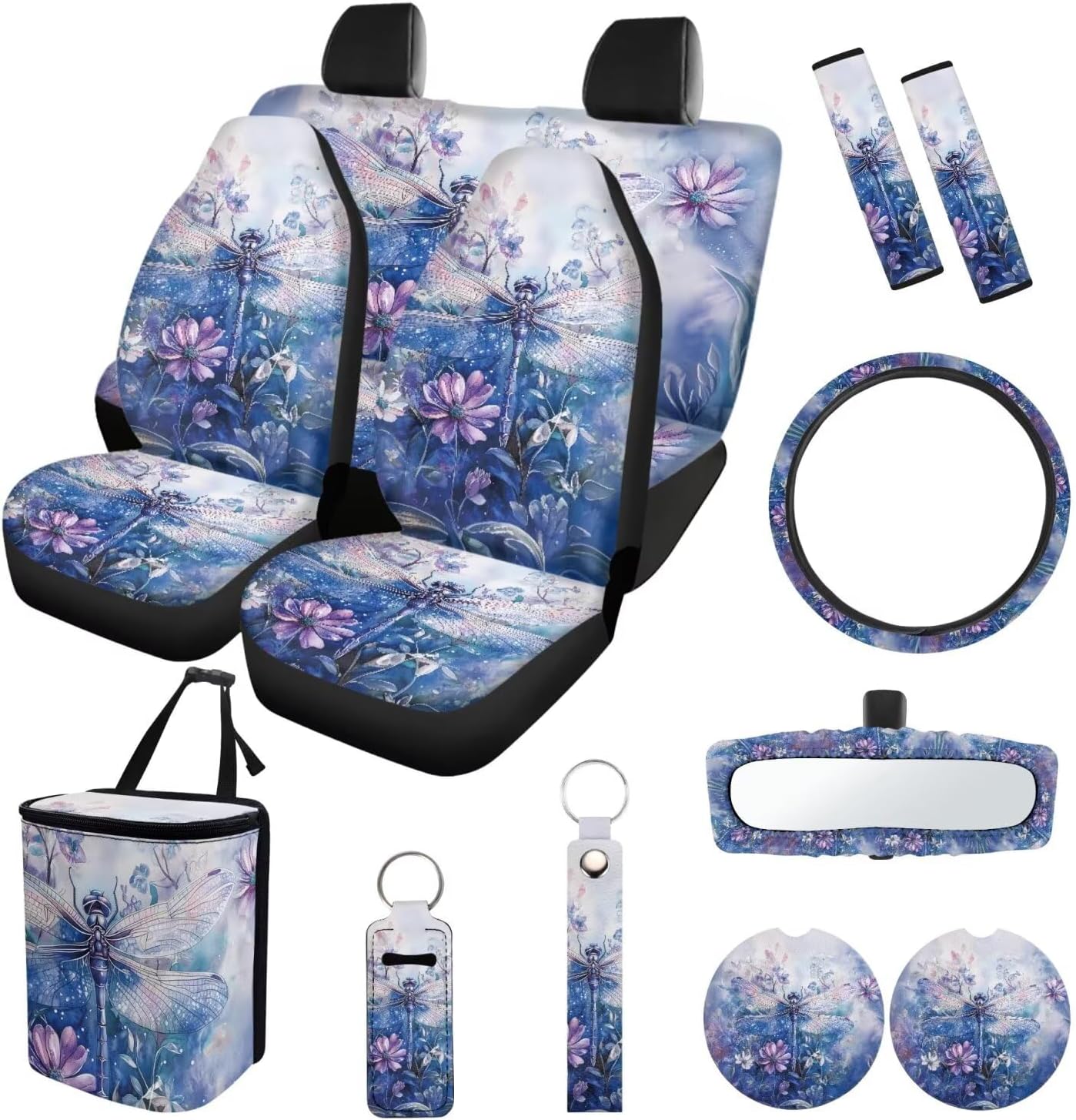 Suobstales Dragonfly Daisy Print 13 Pieces Car Accessories with 4 Car Seat Covers 1 Steering Wheel Cover 1 Trash Can 2 Seatbelt Cover 2 Coaster 1 Rearview Mirror Cover 2 Keychains Universal Fit