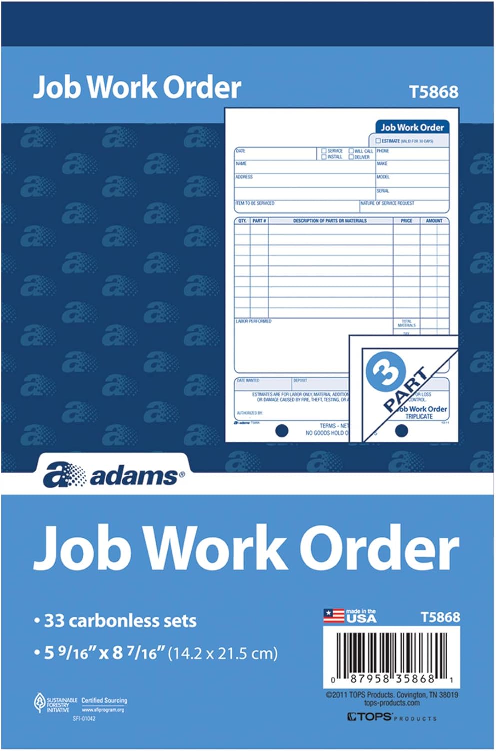 Adams Job Work Order Book front cover showing the T5868 model number and 3-part carbonless feature.