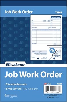 Adams Job Work Order Book, 3-Part Carbonless, White/Canary/White, 5-9/16 x 8-7/16 Inches, 33 Sets T5868