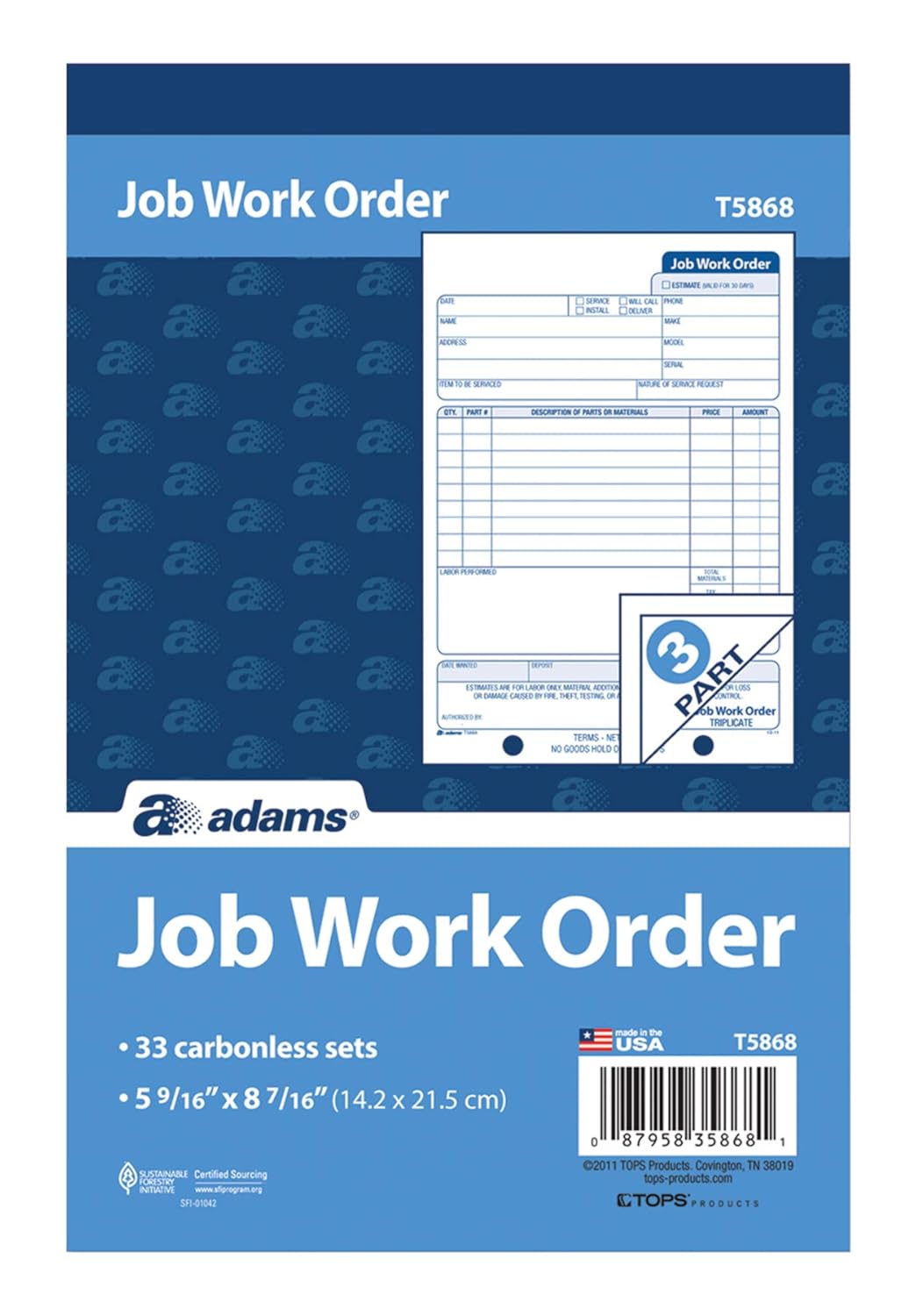 Adams Job Work Order Book, 5.56 x 8.44 Inch, 3Part, Carbonless, 33