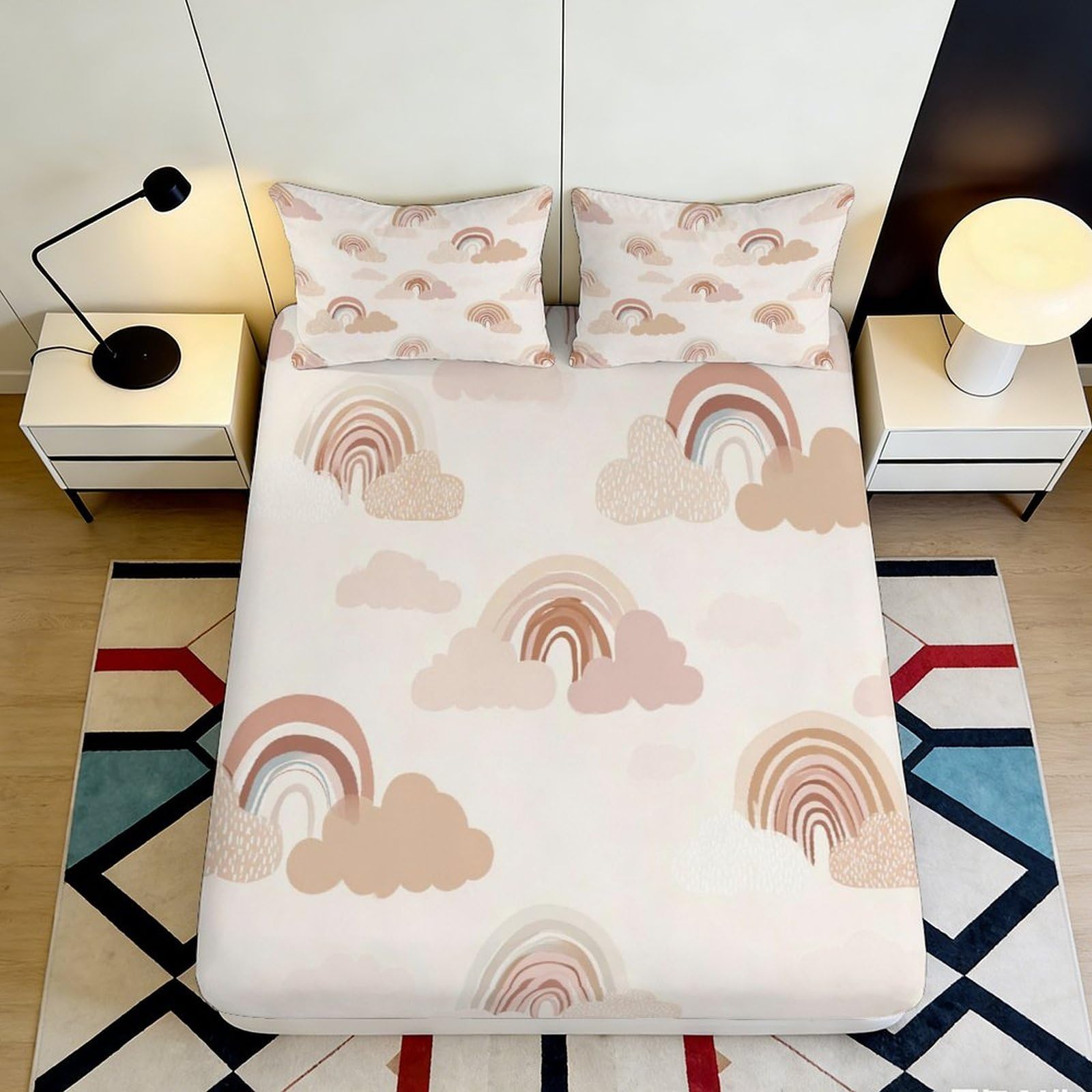 3D Printed Pastel Rainbow Fitted Sheet Microfiber Soft Breathable Cloud Mattress Cover for Bedroom Dormitory Guest Room Mattress Protection Decor 180x200x25cm