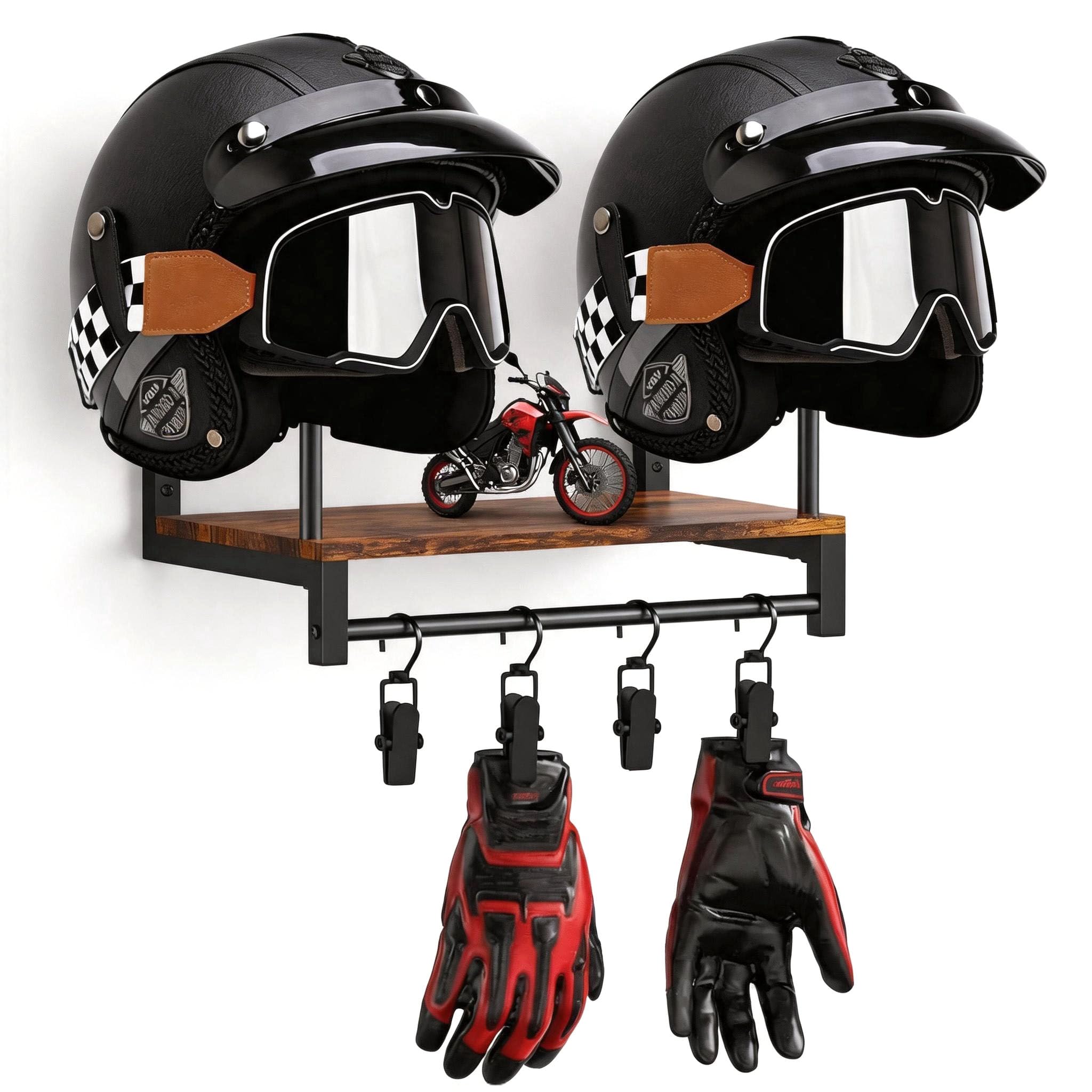 Porta Casco Moto da Parete, Appendi Casco Moto da Parete Supporto per Casco da Baseball per 2 Caschi Porta Cappello Espositore Porta Casco con 4 Clip per Appendere Guanti per Abbigliamento Moto